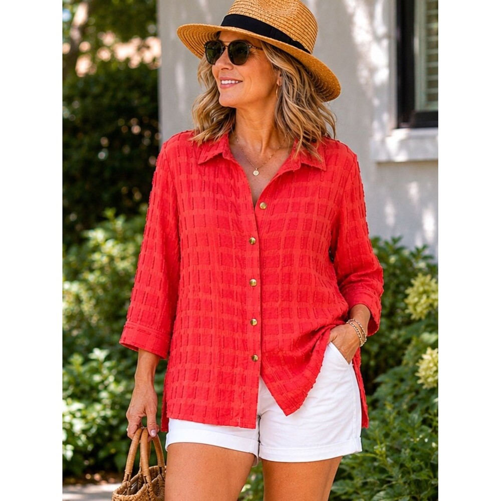 Chico’s Travelers Textured Button Front Shirt Jacket Size 3 (XL/16-18) Coral Red